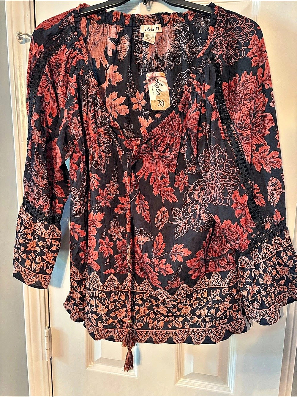 Lola P. Black Blouse with Autumn Fall Leaves & Flowers NWT